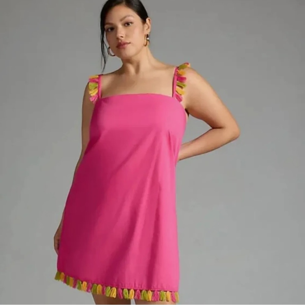 Anthropologie The Hartley Shift Mini Dress Neon Pink with Tassels Size 2X